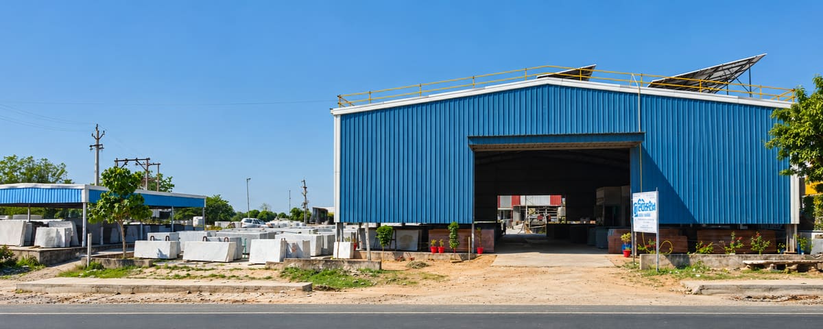 The processing shed and slab yard of Selection Granite & Marble beside Abu Road Highway, Palanpur