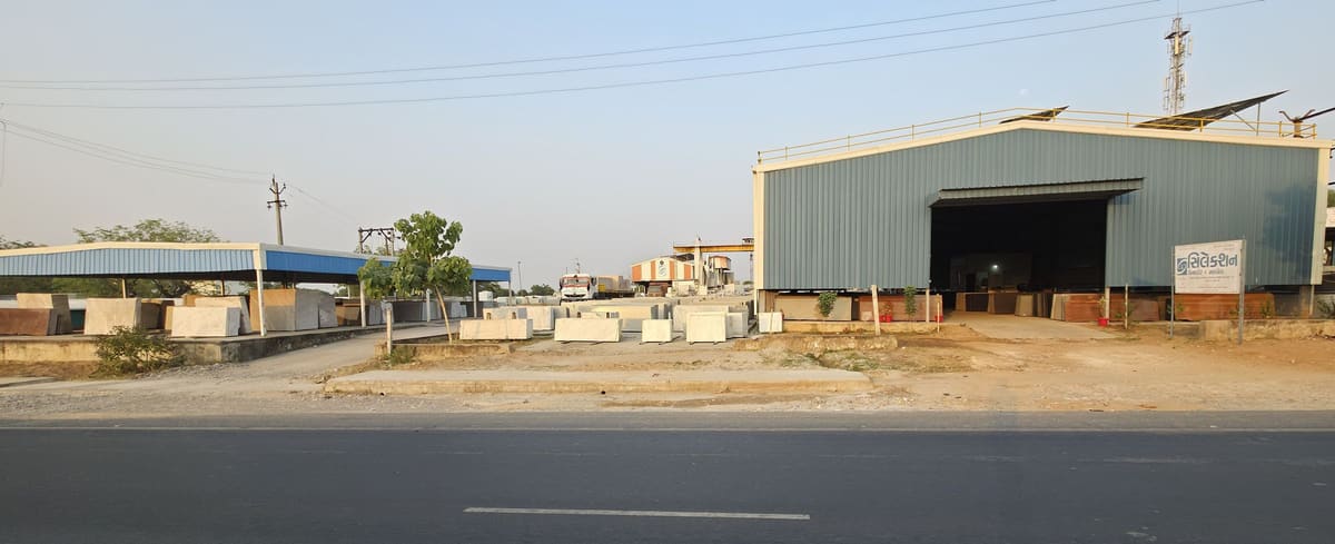 The processing shed, block yard and rooftop solar at Selection Granite & Marble on Abu Road Highway, Palanpur