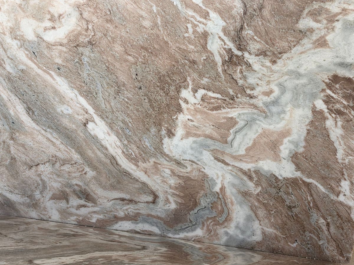 Royal Brown marble slab, polished, close view of the flowing veins at Selection Granite & Marble, Palanpur